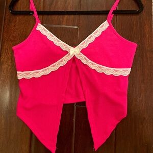 cute pink and white lace bow crop, tank top